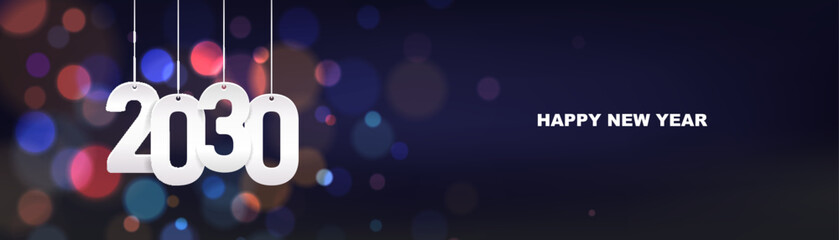 Happy new year 2030. Hanging white paper number on a horizontal colorful blurry background.