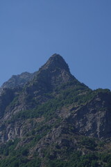 Fototapeta na wymiar Vista su un paesaggio di montagna con monte alberato, cielo azzurro, italia