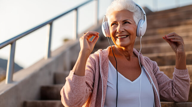 An Elderly Woman Wearing Headphones And Exercising Outside. Created With Generative AI Technology.