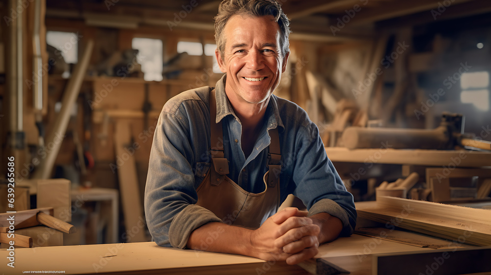 Wall mural artisan woodwork studio with shelving holding pieces of wood, with a carpenter standing in his works