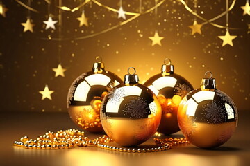 Goldene Weihnacht. Goldene Sterne mit goldenen Weihnachtskugeln sorgen für glanzvolle festliche Stimmung.