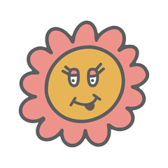 Groovy flower vector illustration. Hand drawn cute floral element with eyes and smile. Trendy positive nostalgic design isolated on white background. Retro 70s vibes graphic