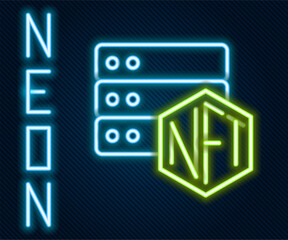 Glowing neon line NFT blockchain technology icon isolated on black background. Non fungible token. Digital crypto art concept. Colorful outline concept. Vector