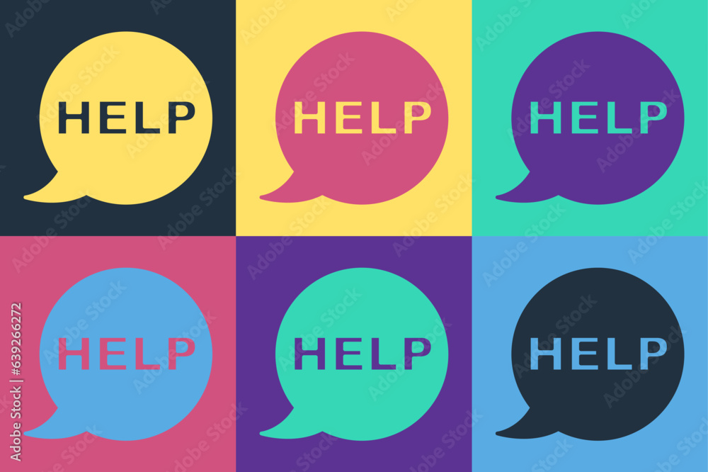 Poster pop art speech bubble with text help icon isolated on color background. vector