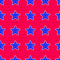 Blue Starfish icon isolated seamless pattern on red background. Vector