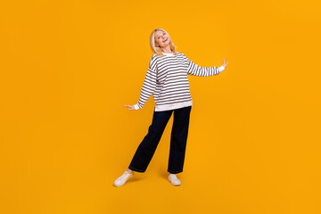 Full size photo of good mood mature lady dancing enjoy new look isolated bright color background