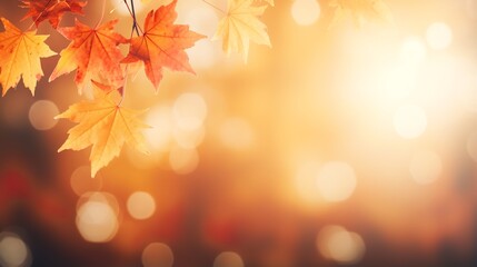 Autumn blurred background with frame of orange, gold and red maple leaves, Genertative AI