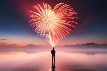 fireworks on the lake in many color making heart with fire 