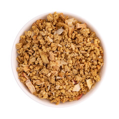 crunchy granola in ceramic bowl isolated on white background with clipping path, muesli pile with nuts and cranberry close out, healthy eating concept