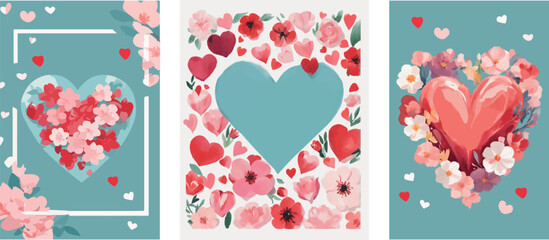 set background with hearts valentine's day greeting card set cute nice style flowers hearts watercolor