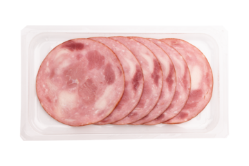 round pieces of ham in plastic packaging on white background with clipping path, pork ham cut into slices, packaging template mockup collection
