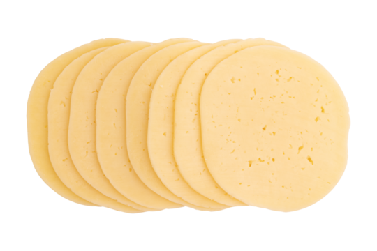 edam or salami round cheese isolated on white background clipping path, flat lay with cheese cut into pieces