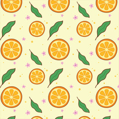 Orange Slice Seamless Pattern. Organic Healthy Summer Fruit Pattern. Fresh Citrus Fruit Background With Green Leaves.