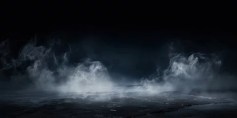 Foto op Plexiglas Mystical mist. Swirling smoke in dark and light symphony. Fluid fantasia. Abstract dance of fog and light on floor with black background © Bussakon