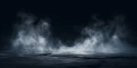 Fototapeten Mystical mist. Swirling smoke in dark and light symphony. Fluid fantasia. Abstract dance of fog and light on floor with black background © Bussakon