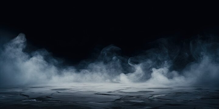 Mystical mist. Swirling smoke in dark and light symphony. Fluid fantasia. Abstract dance of fog and light on floor with black background © Bussakon