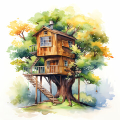 Big wooden treehouse, architecture watercolor illustration. Modern timber house on tree with stairs.