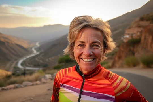 Mature woman in sportswear on a mountain road at sunset