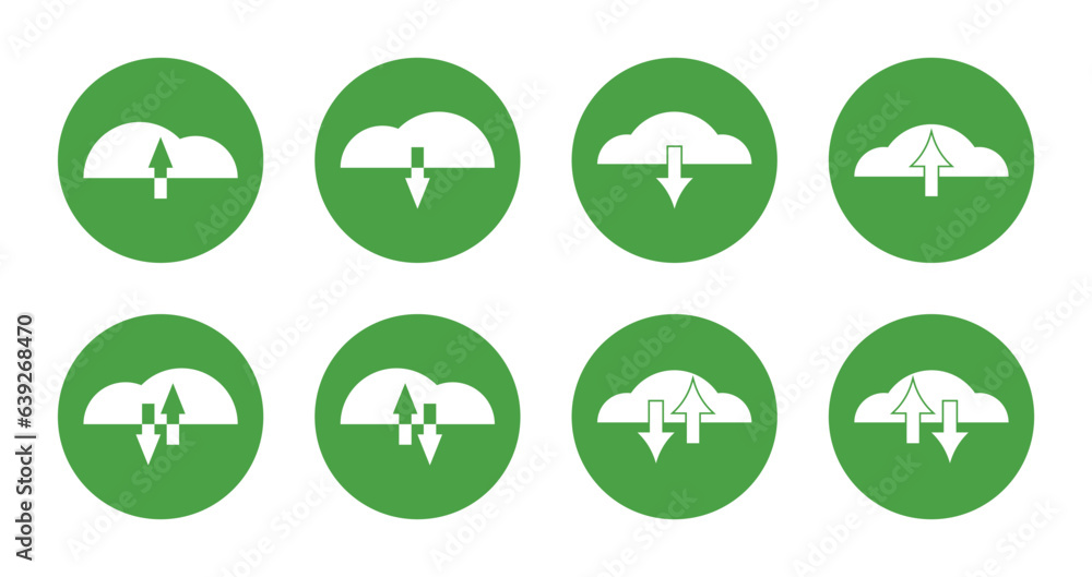 Poster upload and download icon set, with arrow and cloud symbol. technology, internet and computer concept
