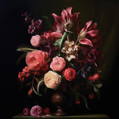Old-fashioned style painting of summer flowers of roses, tulips and peony on a dark dramatic background