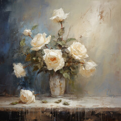 Old-fashioned bright and light style painting of white roses in a white vase