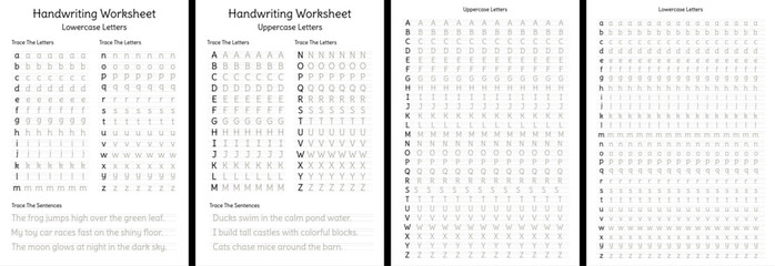 Handwriting Worksheet Lowercase and uppercase letters sentences. Isolated on white background. Ready print file. Vector - obrazy, fototapety, plakaty