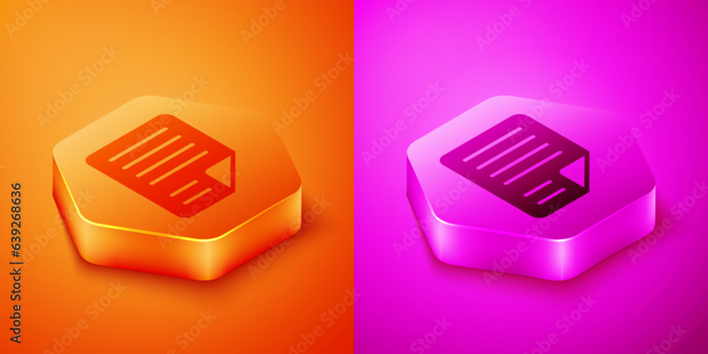 Poster isometric file document icon isolated on orange and pink background. checklist icon. business concep