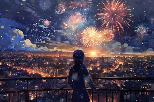 lively night view fireworks background in anime illustration style, 4K animated background