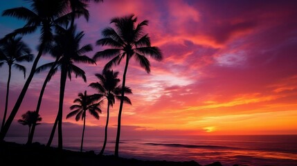 Silhouette of palm trees against fiery sunset sky
