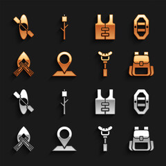 Set Location, Rafting boat, Hiking backpack, Sausage the fork, Campfire, Life jacket, Kayak canoe and Marshmallow stick icon. Vector