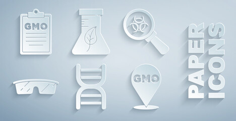 Set DNA symbol, Biohazard and magnifying glass, Laboratory glasses, GMO, Test tube flask and icon. Vector