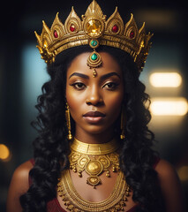 An African princess in golden clothes. Generative AI.