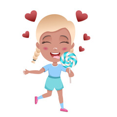 child licks lollipop. happy cute little kid boy and girl eat candy and sweets. Unhealthy eating. Lollipop