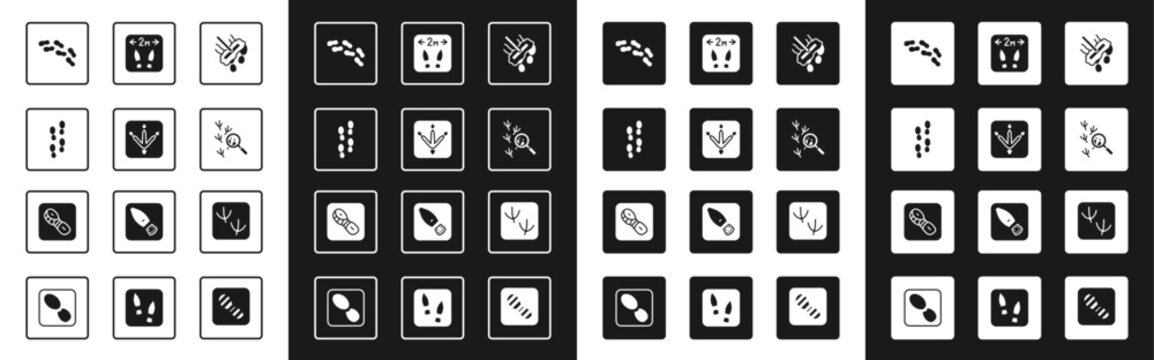 Set Mop, Chicken paw footprint, Human footprints shoes, Bird, Safe distance, Dove and icon. Vector