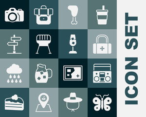 Set Butterfly, Home stereo with two speakers, First aid kit, Chicken leg, Barbecue grill, Road traffic sign, Photo camera and Wine glass icon. Vector