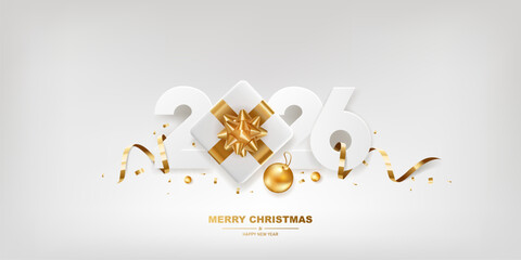 Happy New Year 2026. White paper numbers with golden ribbons, gift box and confetti on a white background.
