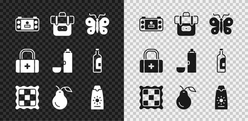 Set Portable video game console, Hiking backpack, Butterfly, Checkered napkin, Pear, Sunscreen cream tube, First aid kit and Thermos container icon. Vector