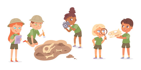 Cute children study archeology set, little archaeologists with magnifying glass and brush