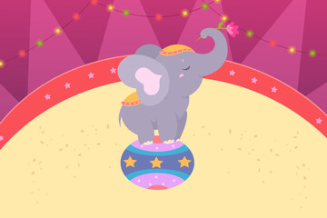 Balance performance of circus elephant vector illustration. Cartoon isolated funny baby animal acrobat performing carnival show and standing on ball, cute happy performer holding flower in trunk