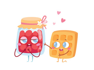 Cute waffle and jar of jam characters, sweet funny couple in love, wafer standing on knee