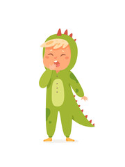 Cute sleepy boy in crocodile costume yawning at pajama party, kid in kigurumi overalls