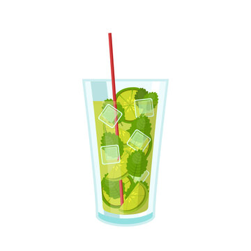 Cocktail Mojito in glass vector illustration. Cartoon isolated cup with green summer alcohol drink and ice cubes and drinking straw, tropical fresh beverage for beach pool party in bar