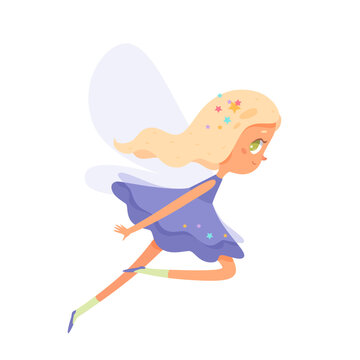 Cute fairy girl flying, fairytale princess with blue butterfly wings, stars in hair