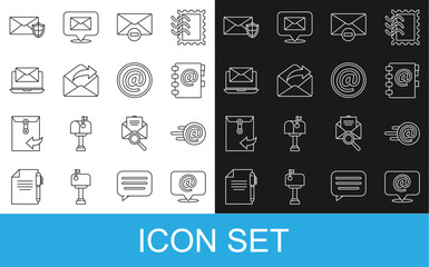 Set line Mail and e-mail on speech bubble, Address book, Delete envelope, Outgoing, Laptop with, Envelope shield and icon. Vector