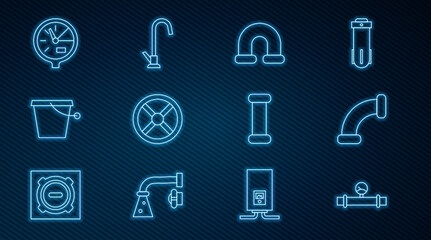 Set line Industry pipe and manometer, metallic, valve, Bucket, Water, and tap icon. Vector