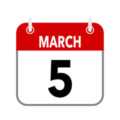 5 March, calendar date icon on white background.