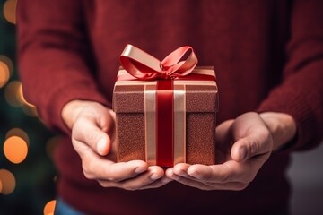 Close-up image of present with ribbon in hands of man. Generative ai