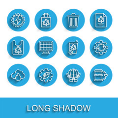 Set line Cloud with rain, Leaf plant gear machine, Solar energy panel, Hands holding Earth globe, Eco fuel barrel, Gear arrows as workflow and Recycle bin recycle icon. Vector