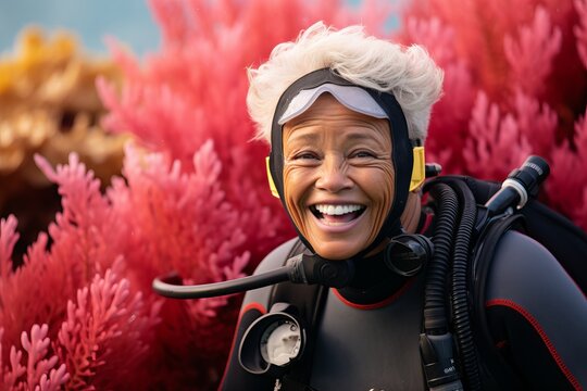 Portrait Of Happy Senior Woman Wearing Scuba Mask And Smiling At Camera