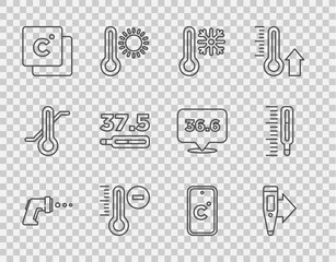 Fototapeta na wymiar Set line Digital thermometer, Thermometer with snowflake, Meteorology, Celsius, Medical, and icon. Vector